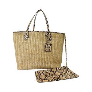 Steve Madden Natural Tan Woven Straw Tote Bag Snakeskin Trim Bonus Pouch